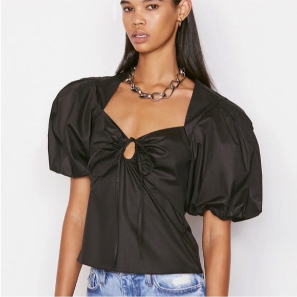 Frame Cotton Black Crop Top Puff Sleeve Blouse - Picture 1 of 9